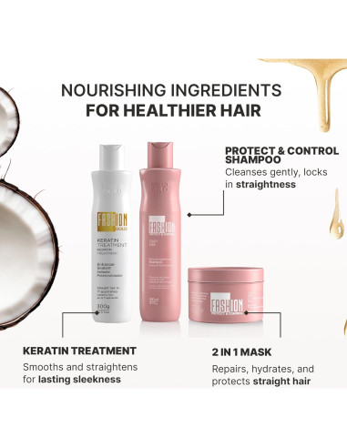 Kit de Tratamiento de Keratina Fashion Gold 300g + Champú 300ml + Máscara 250g
