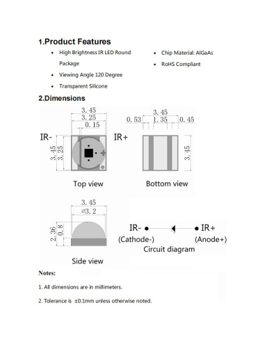 10 Pcs LED Infrarrojo 810nm 3W SMD LEDGUHON para CCTV