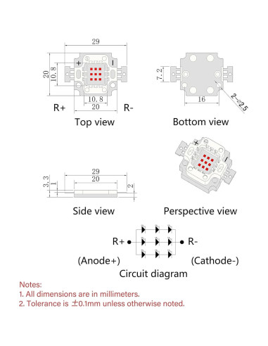 Chip LED Rojo 10W LEDGUHON 660nm para Iluminación DIY