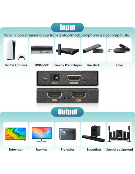 Divisor HDMI 1x2 HBAVLINK 4K 60Hz - Compatible PS5, Apple TV Divisor HDMI 1x2 HBAVLINK 4K 60Hz - Compatible PS5, Apple TV