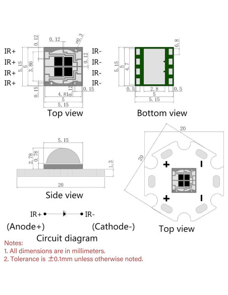5 Pcs Chip LED IR 5050 SMD 12W 940-945nm con Base PCB 20mm