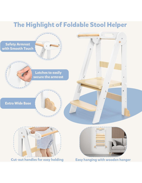 Escalera Plegable de Madera CONKKA para Niños - 2 Pasos Ajustables