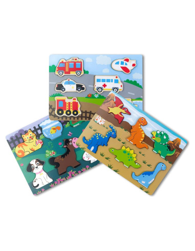 Juego de Rompecabezas de Madera ExploratoY - Dinosaurios, Vehículos y Mascotas