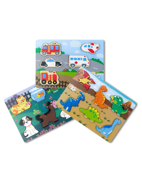Juego de Rompecabezas de Madera ExploratoY - Dinosaurios, Vehículos y Mascotas