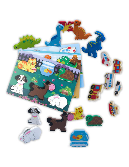 Juego de Rompecabezas de Madera ExploratoY - Dinosaurios, Vehículos y Mascotas