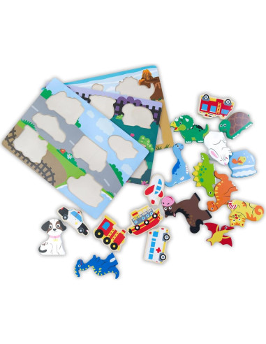 Juego de Rompecabezas de Madera ExploratoY - Dinosaurios, Vehículos y Mascotas