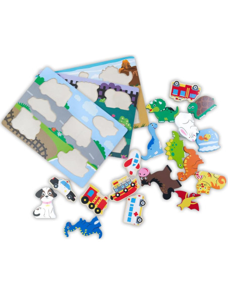 Juego de Rompecabezas de Madera ExploratoY - Dinosaurios, Vehículos y Mascotas