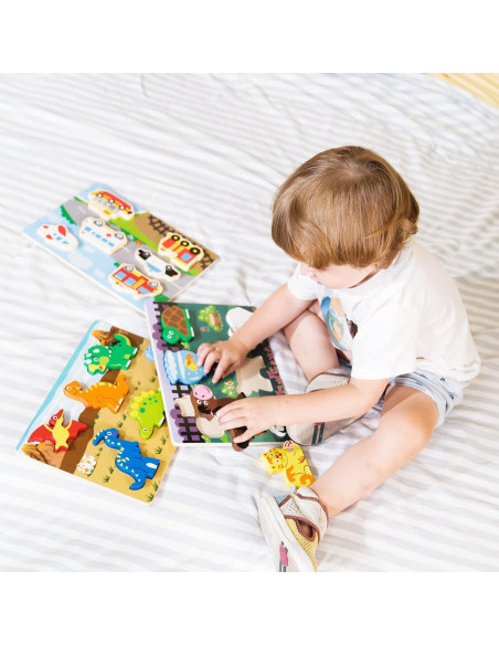 Juego de Rompecabezas de Madera ExploratoY - Dinosaurios, Vehículos y Mascotas