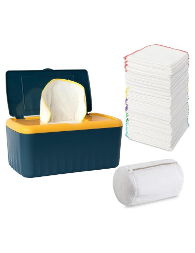 54 Toallitas de Tela Reutilizables para Bebés con Dispensador Azul