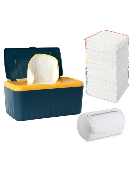 54 Toallitas de Tela Reutilizables para Bebés con Dispensador Azul
