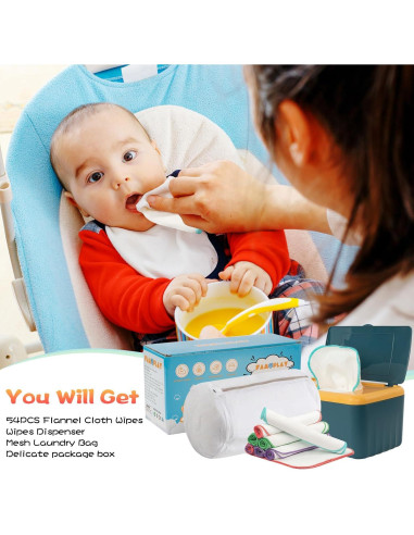 54 Toallitas de Tela Reutilizables para Bebés con Dispensador Azul