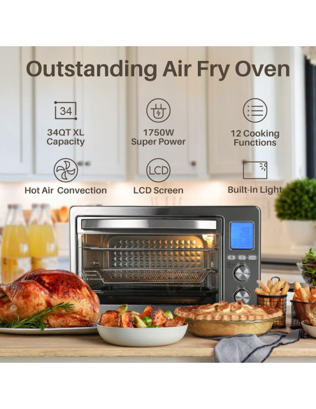 Horno de Aire LNC 34QT 1750W 12-en-1 Acero Inoxidable Plata