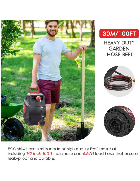 Carrete de Manguera de Jardín ECOMAX ELG01 30.48m con 9 Patrones