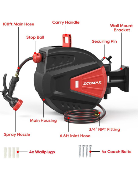 Carrete de Manguera de Jardín ECOMAX ELG01 30.48m con 9 Patrones