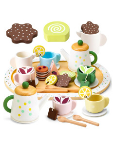 Juego de Té de Madera WHOHOLL 24 Piezas para Niños 2-6 Años