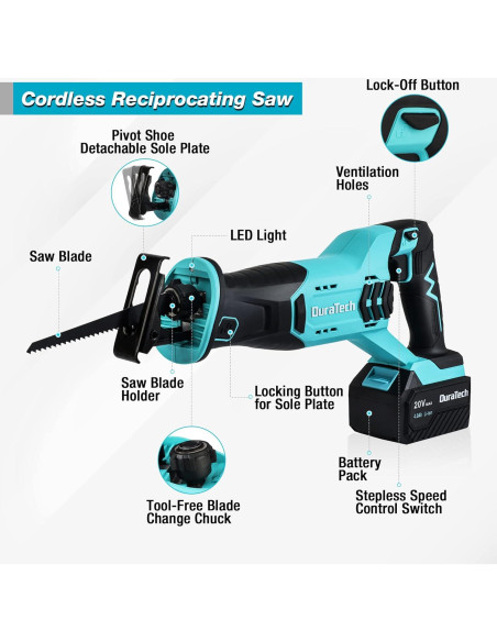 Sierra Recíproca Inalámbrica DURATECH 20V 4.0Ah 3000SPM