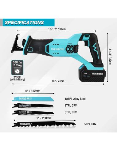 Sierra Recíproca Inalámbrica DURATECH 20V 4.0Ah 3000SPM