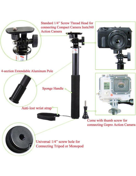 Bastón de Selfie Aluminio Extensible 75.5 cm para GoPro y Smartphone