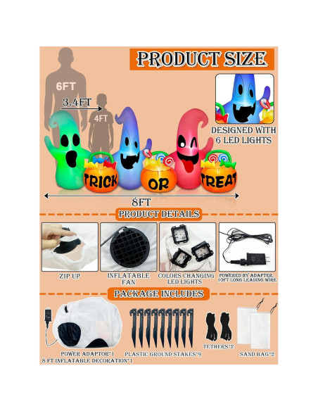 Decoración Inflable Halloween TURNMEON 2.44 m 3 Fantasmas LED
