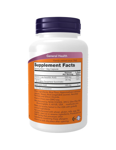 NOW Foods Ácido Lipoico 100 mg con Vitaminas C y E - 120 Cápsulas Veganas