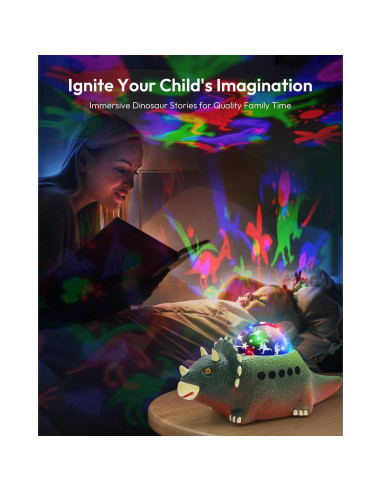 Proyector de Luz Nocturna Dinosaurio Beslike - 8 Colores, 14 Sonidos