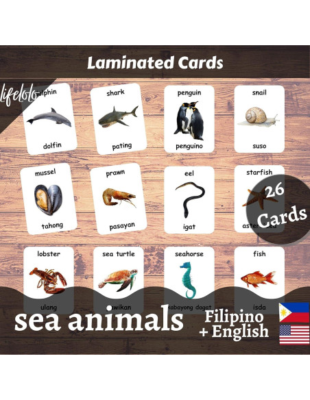 Tarjetas de Flash Laminadas Animales Marinos - 26 Piezas Bilingües Tarjetas de Flash Laminadas Animales Marinos - 26 Piezas Bilingües