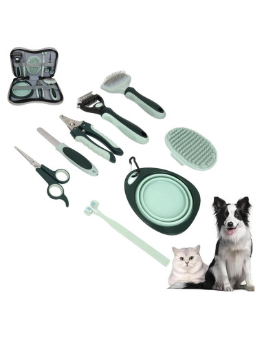 Kit de Aseo 8 en 1 LAMLENT para Perros y Gatos - Cepillo, Cortauñas, Peine, Tijeras, Cepillo de Dientes
