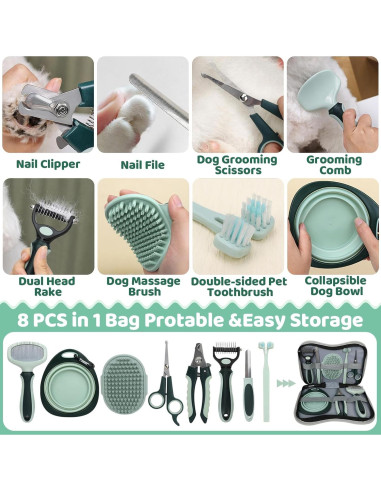 Kit de Aseo 8 en 1 LAMLENT para Perros y Gatos - Cepillo, Cortauñas, Peine, Tijeras, Cepillo de Dientes