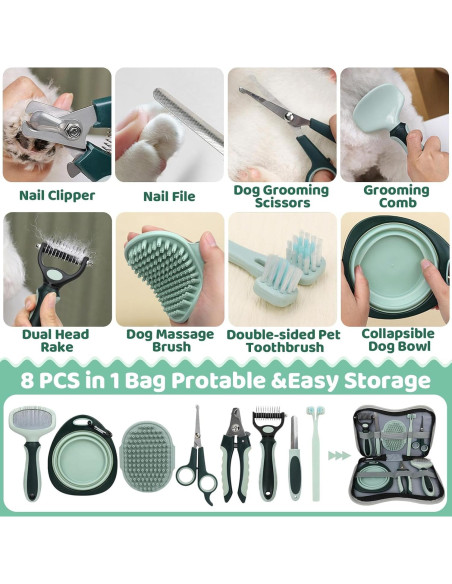 Kit de Aseo 8 en 1 LAMLENT para Perros y Gatos - Cepillo, Cortauñas, Peine, Tijeras, Cepillo de Dientes