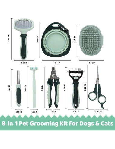 Kit de Aseo 8 en 1 LAMLENT para Perros y Gatos - Cepillo, Cortauñas, Peine, Tijeras, Cepillo de Dientes