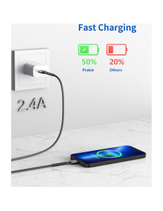 Cargador Lightning MFi PRAKIE 2 Cables 10FT Nylon Gris 2