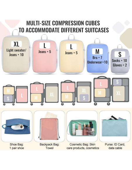 9 Piezas Cubos de Compresión Clysee para Viaje Multicolor