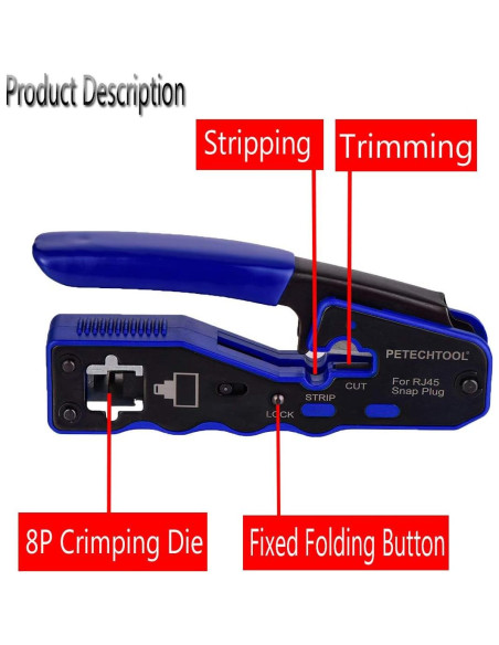 Kit de Crimpado RJ45 PETECHTOOL con Pelacables y 10 Conectores