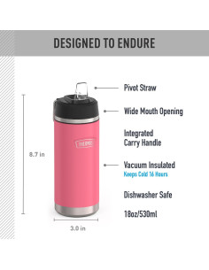 Botella de Agua Aislada THERMOS 18 oz Rosa Fucsia con Popote 2