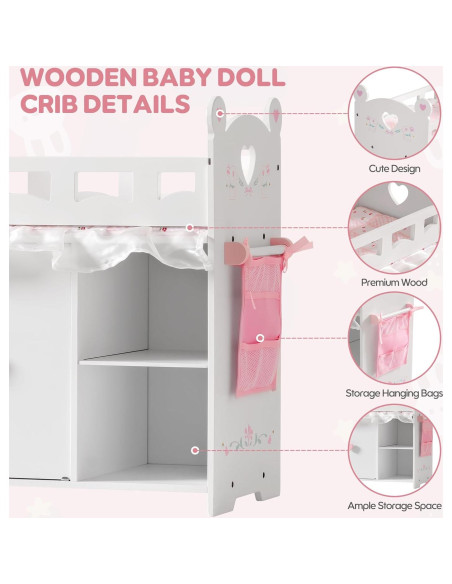 Cuna de Muñeca ROBOTIME 3-en-1 con Almacenamiento 55.9 cm