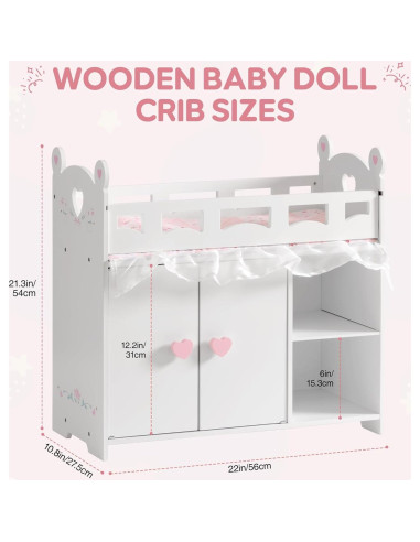 Cuna de Muñeca ROBOTIME 3-en-1 con Almacenamiento 55.9 cm