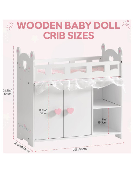 Cuna de Muñeca ROBOTIME 3-en-1 con Almacenamiento 55.9 cm