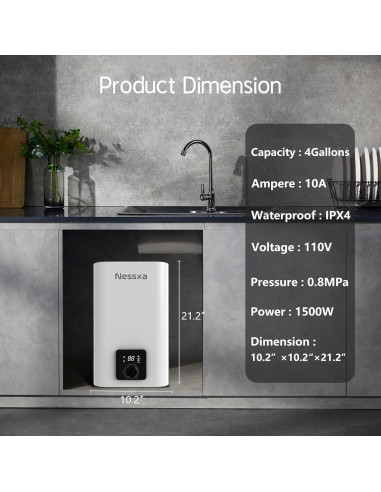Calentador de Agua Eléctrico Nessxa 4 Galones 1500W Bajo Fregadero