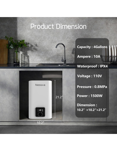 Calentador de Agua Eléctrico Nessxa 4 Galones 1500W Bajo Fregadero