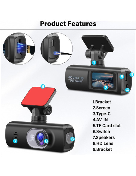 Cámara de Salpicadero Dual UNITOPSCI 4K + 1080P WiFi