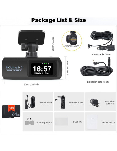 Cámara de Salpicadero Dual UNITOPSCI 4K + 1080P WiFi