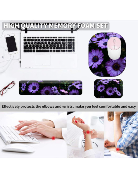 Juego de Reposamuñecas Ergonómico EDGFRTOIO 4 Piezas Flores Moradas
