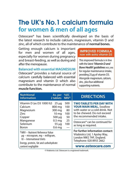 Vitabiotics Osteocare Calcio 800mg + D3, Magnesio y Zinc - 90 Tabletas