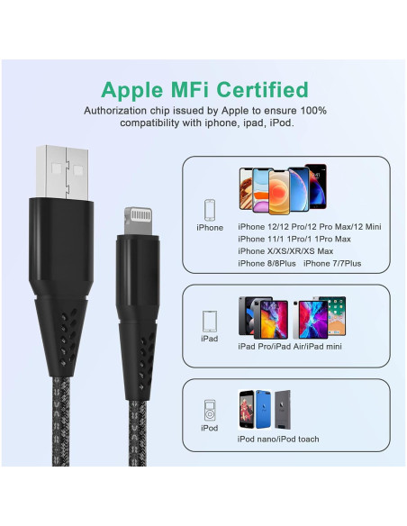 Cable de Cargador Rápido 8M MFi Nylon Trenzado para iPhone