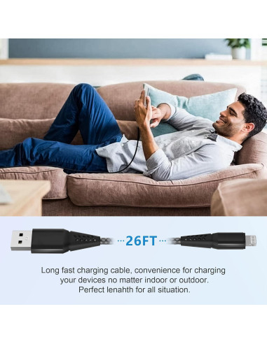 Cable de Cargador Rápido 8M MFi Nylon Trenzado para iPhone