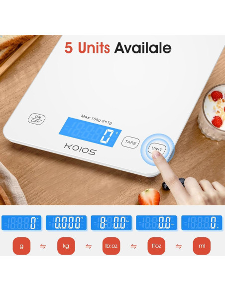 Balanza de Cocina Digital KOIOS K68 15kg LCD Tare Carga Tipo-C