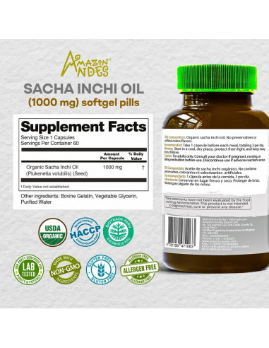 Cápsulas Blandas de Sacha Inchi Amazon Andes 1000mg Omega 3, 6, 9
