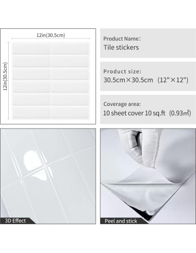 10 Hojas Azulejo Mosaico Autoadhesivo DEWOO Blanco 30.5x30.5cm