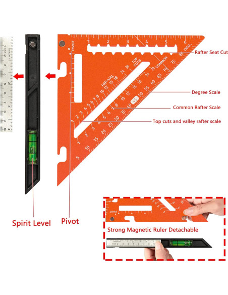 Escuadra de 18 cm Beslands con Nivel y Regla de Acero Naranja