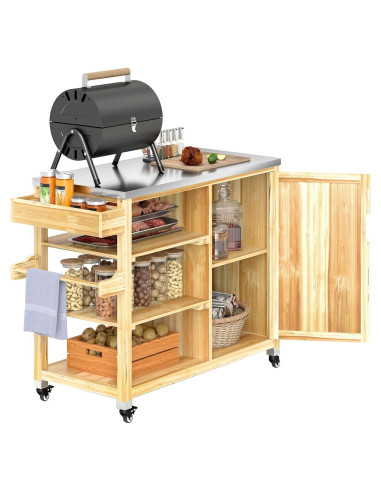 Carrito de Parrilla Outsunny Madera Natural con Acero Inoxidable